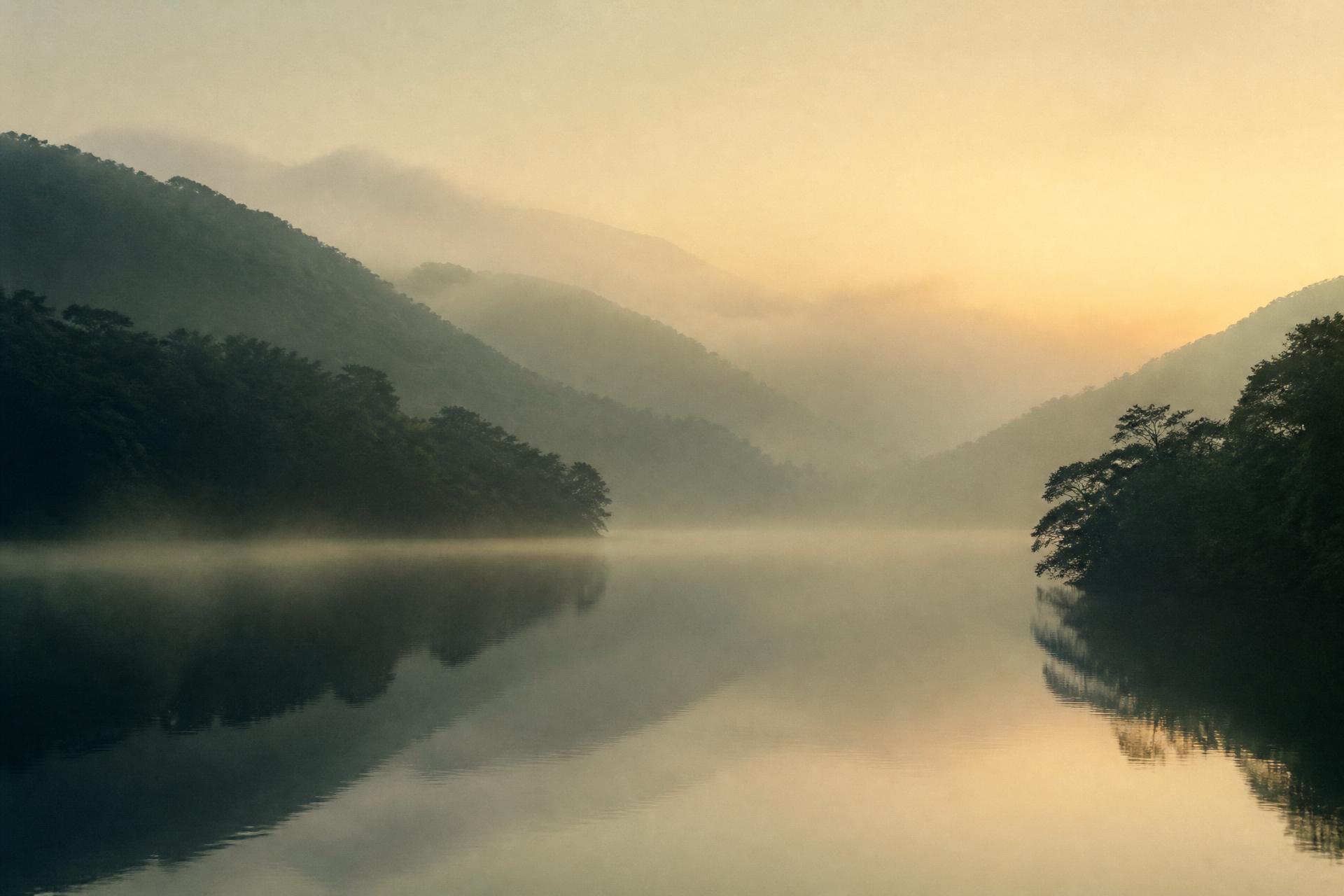 Dawn mist drifting over still water between quiet forested hills